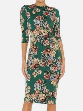 Alice + Olivia Floral Sheath Dress Dark Teal Fitted Stretch Size 8 NWT